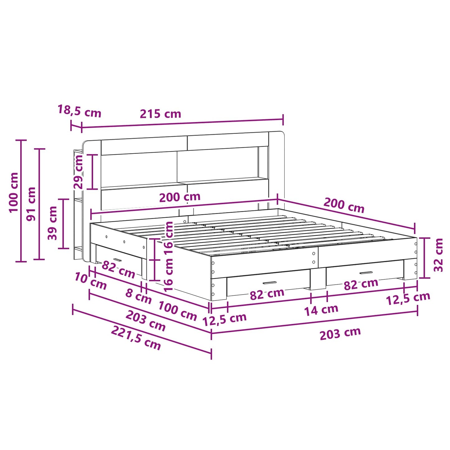 Telaio del letto con storage Sonoma grigio 200 x 200 cm | homemem39