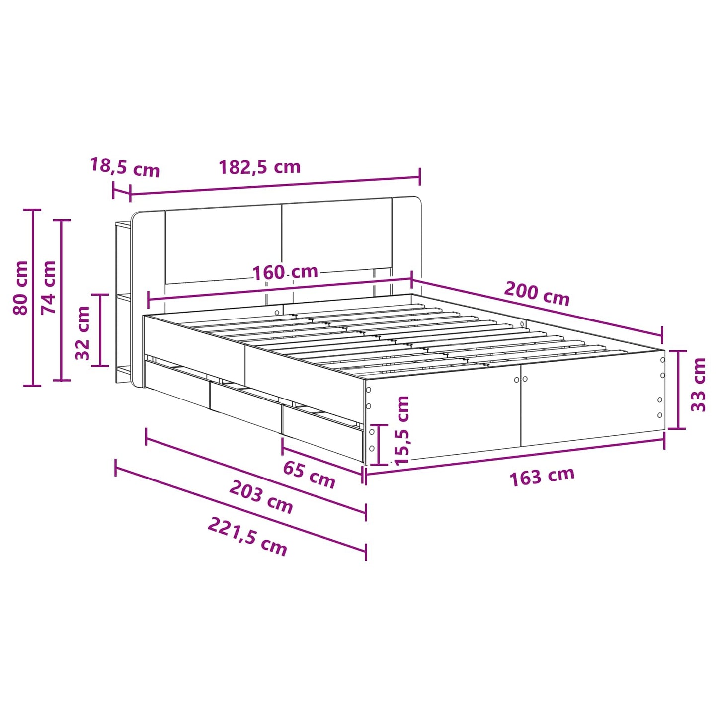 Telaio del letto con storage con testiera Nero 160 x 200 cm | homemem39