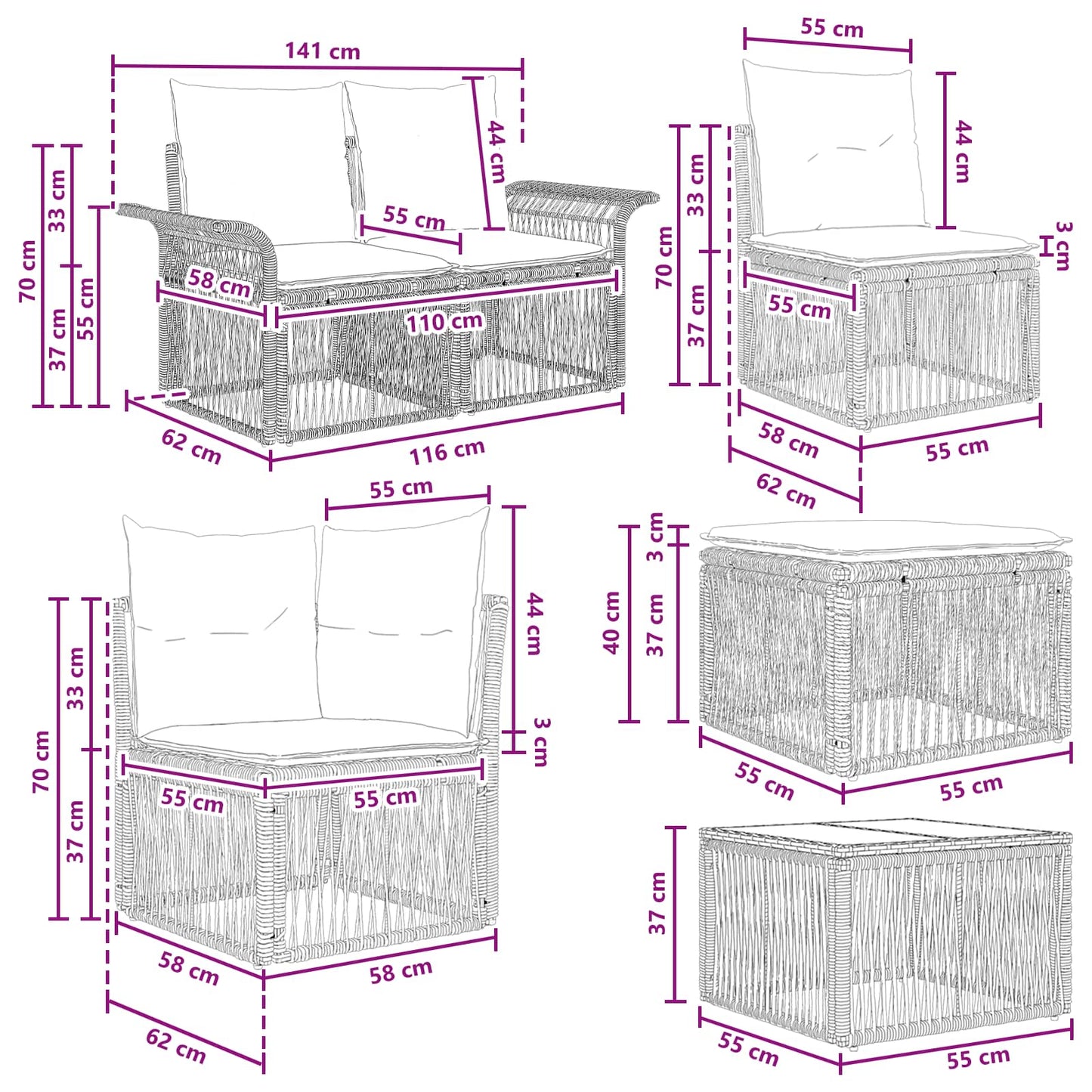 Set Divano da Giardino 12 pcs Nero e Bianco Crema polyrattan | homemem39