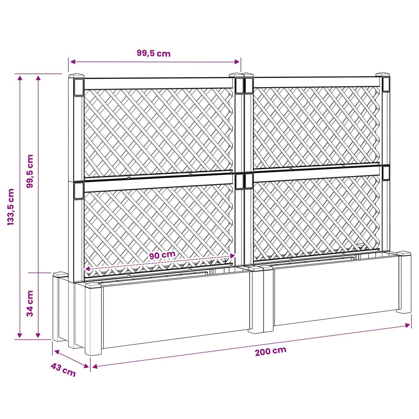Grande vaso con trellis 2 pcs Grigio 200 x 43 x 133,5 cm PP