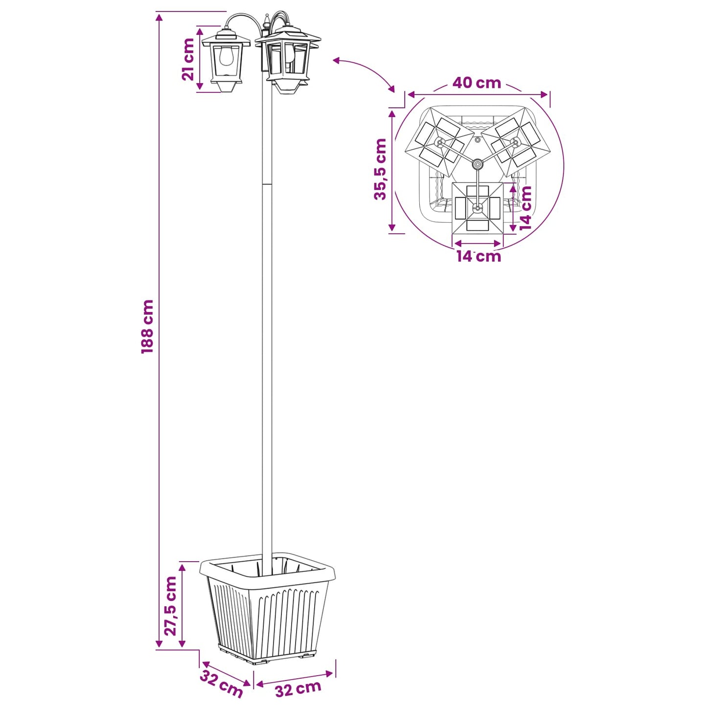 Lampione a 3 teste con vasi with LED Bulb Nero 32 x 32 x 188 cm | homemem39