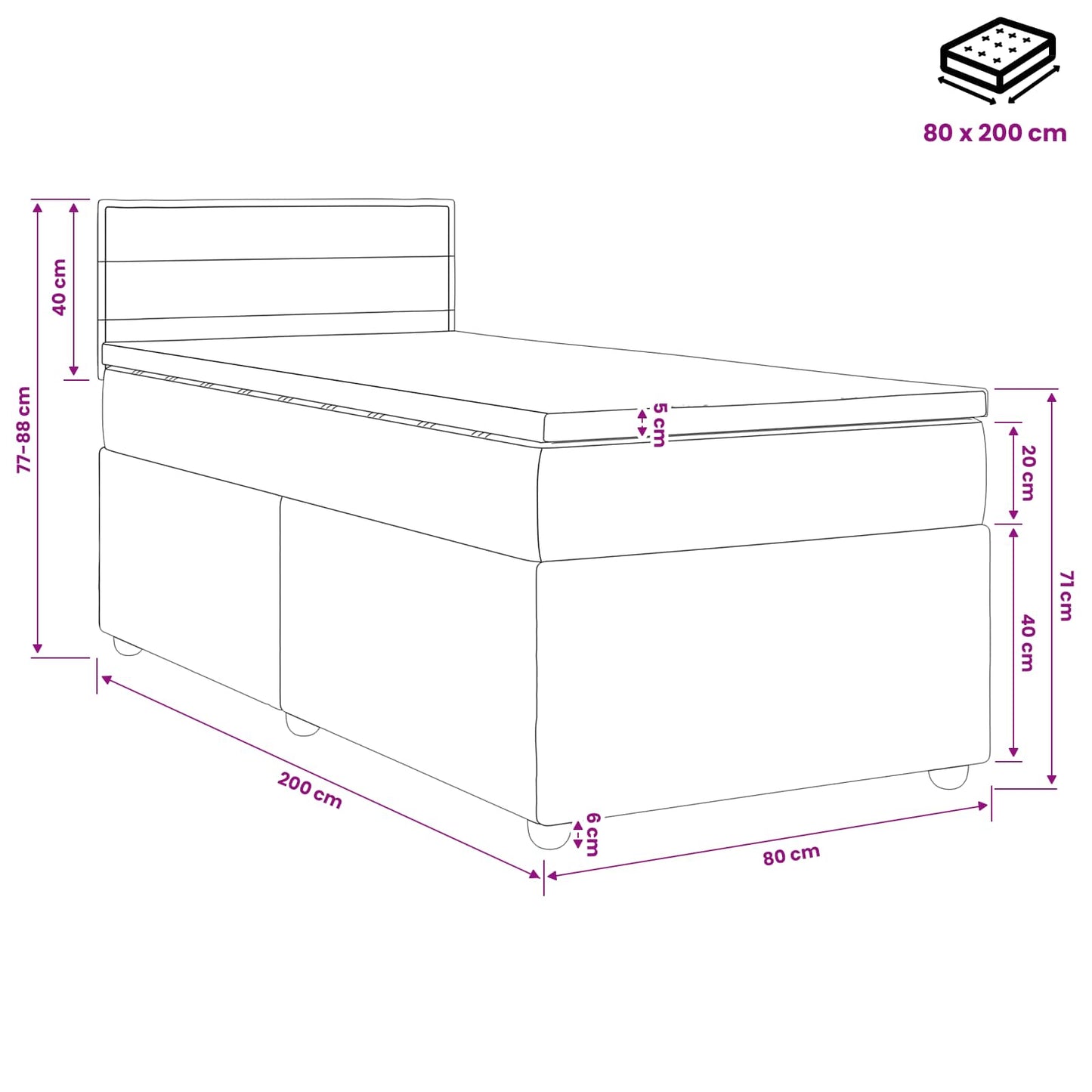 Letto box spring con materasso Nero 80 x 200 cm Tessuto | homemem39
