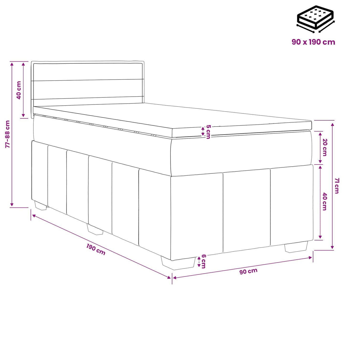 Letto box spring con materasso Grigio Scuro 90 x 190 cm Tessuto | homemem39