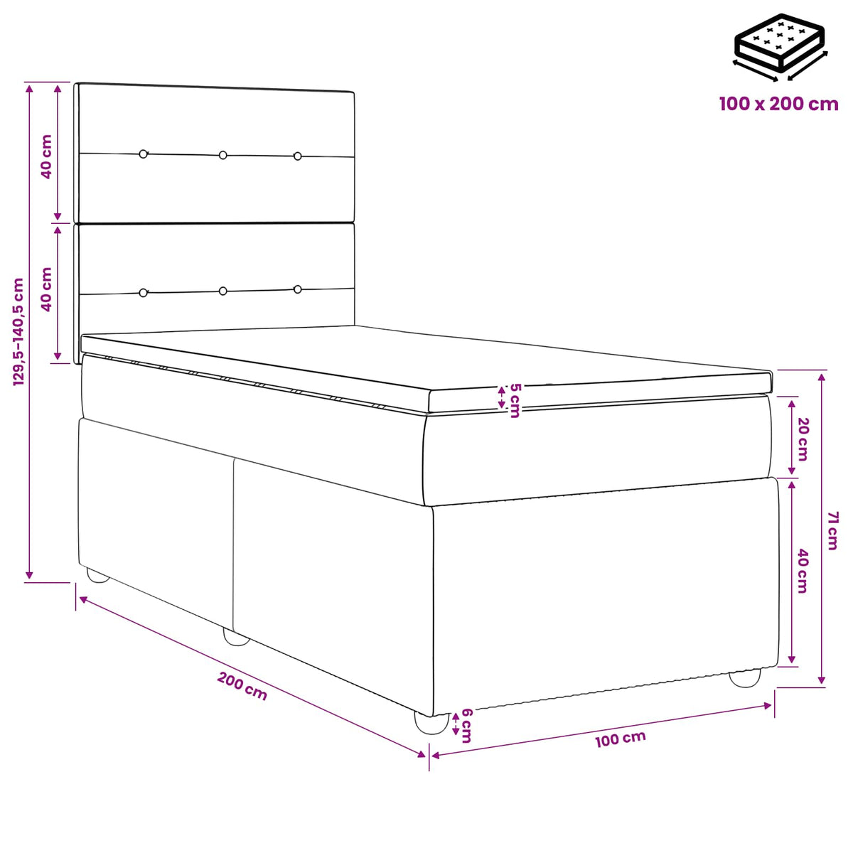 Letto box spring con materasso Tortora 100 x 200 cm Tessuto