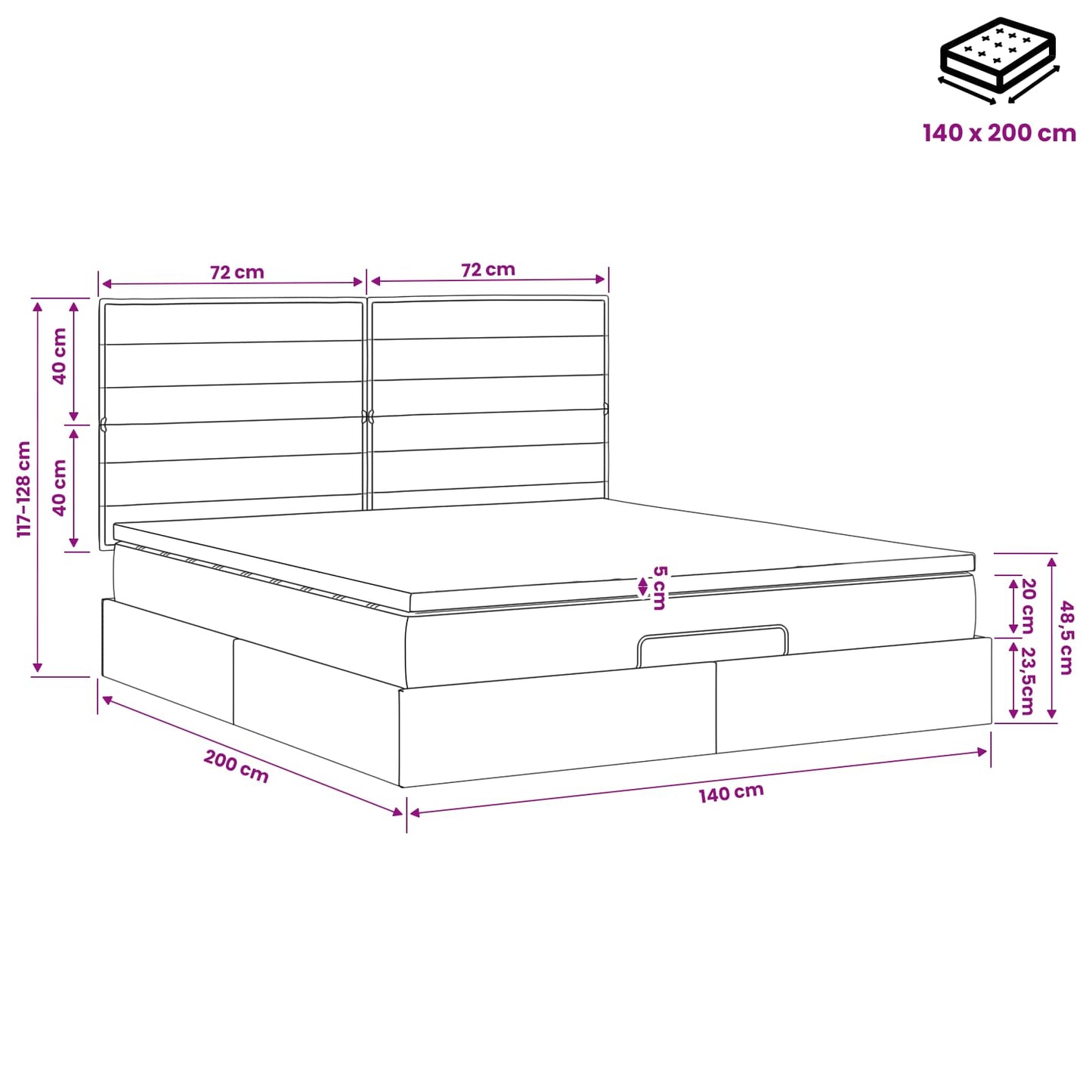 Letto ottomano con materasso Tortora 140 x 200 cm Tessuto | homemem39