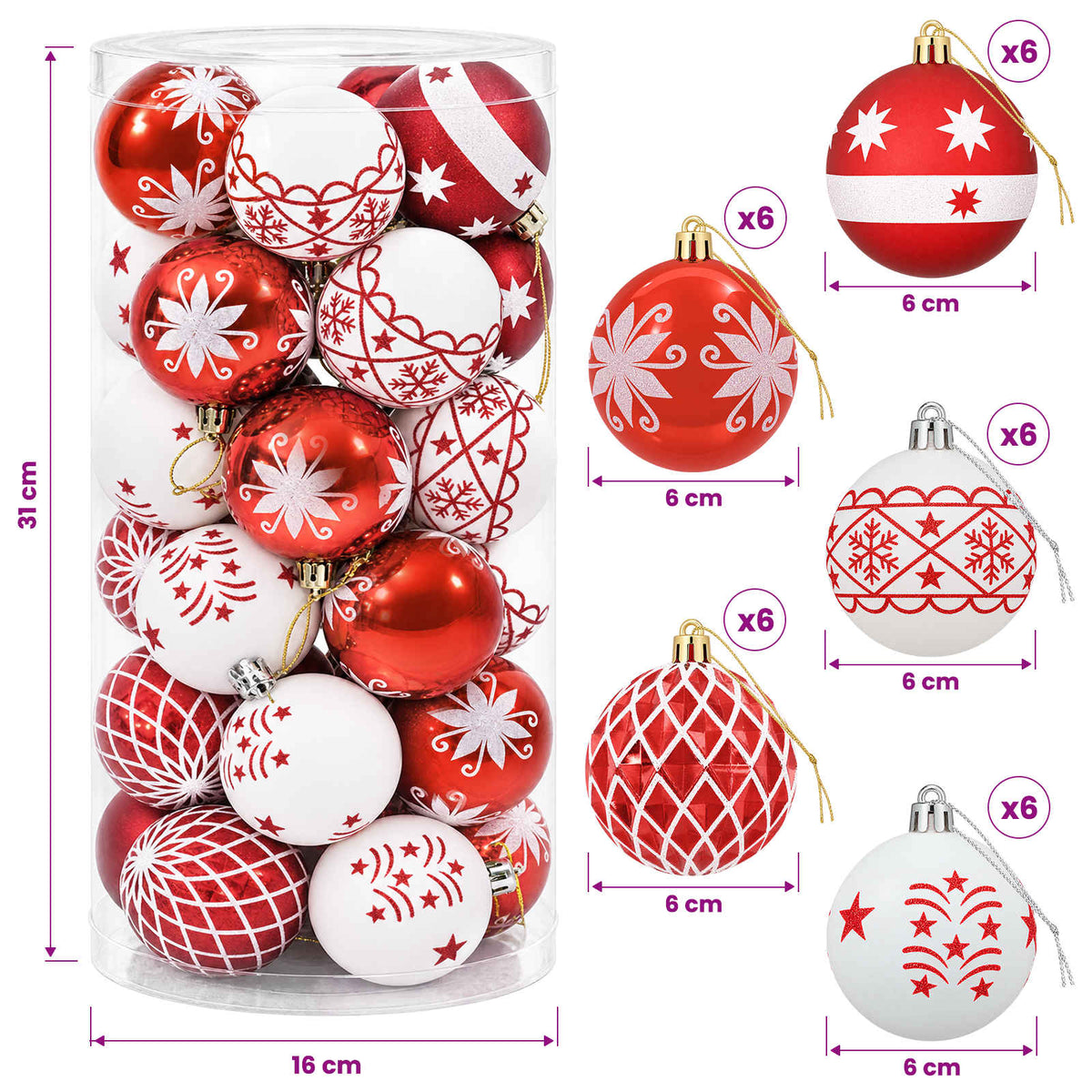 Set di Palline di Natale 30 pz Rosso e Bianco Ø 6 cm Plastica | homemem39