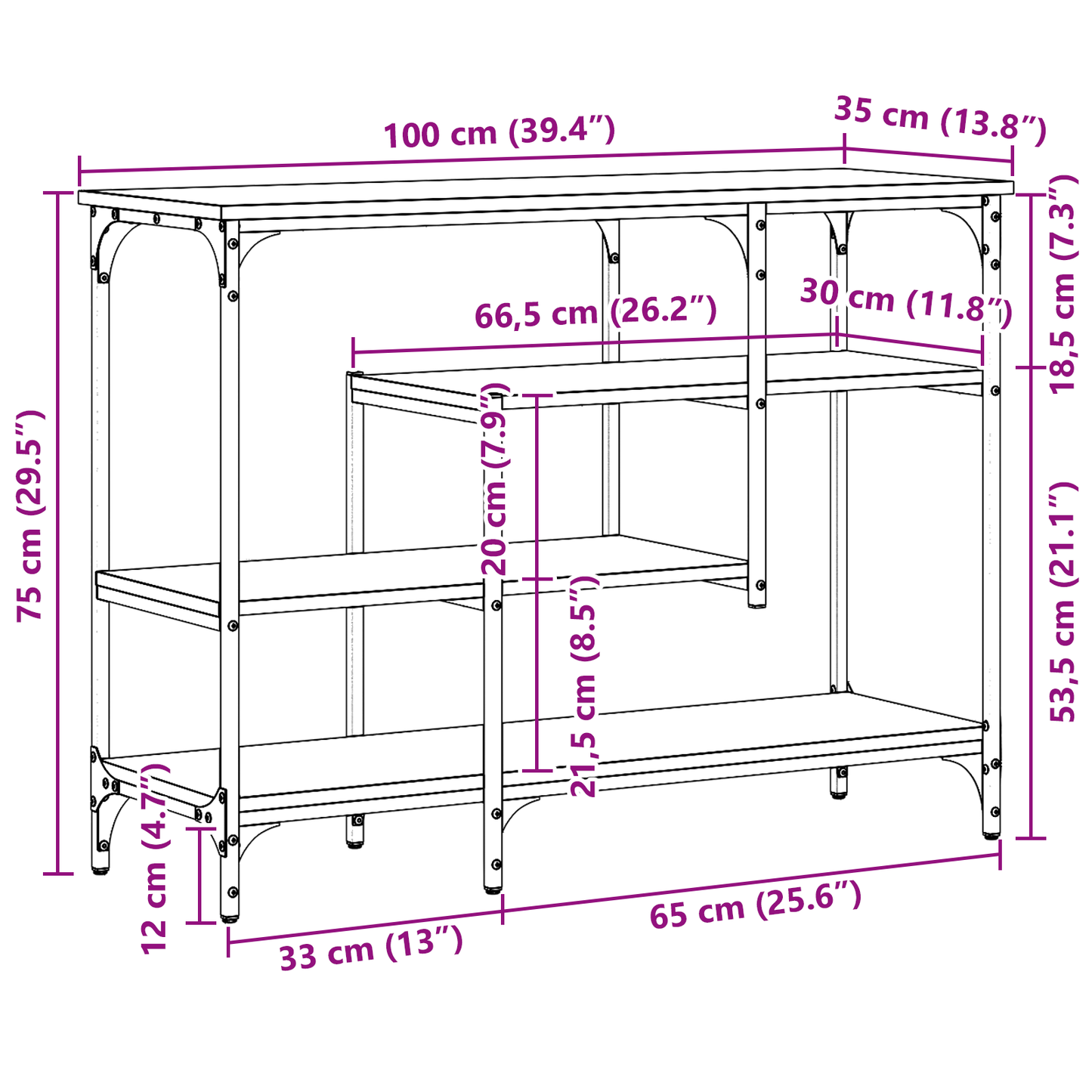 Tavolo Console con lo scaffale Rovere nero 100 x 35 x 75 cm | homemem39
