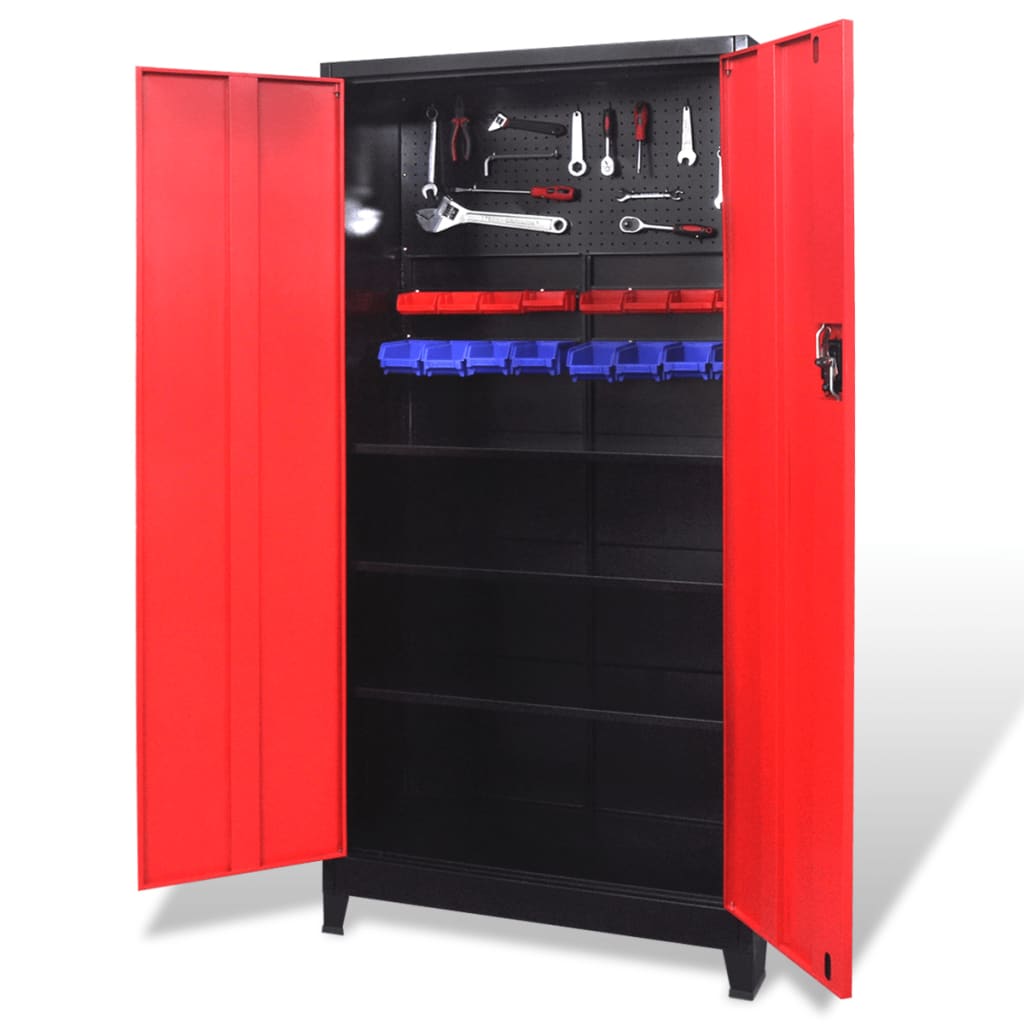 Armadio Portautensili 2 Ante Acciaio 90x40x180 cm Nero e Rosso | homemem39