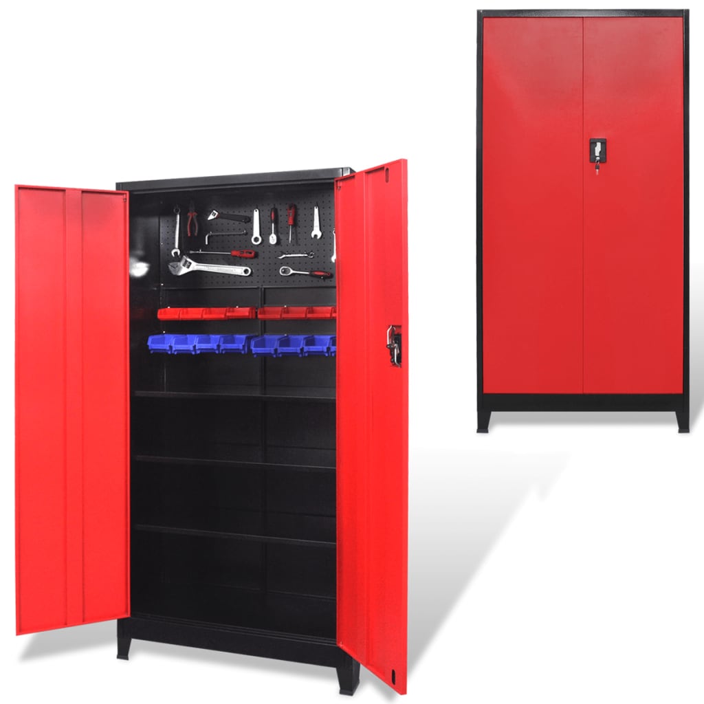 Armadio Portautensili 2 Ante Acciaio 90x40x180 cm Nero e Rosso | homemem39