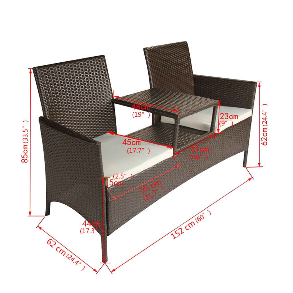 Divano da Giardino a 2 Posti con Tavolino in Polyrattan Marrone | homemem39