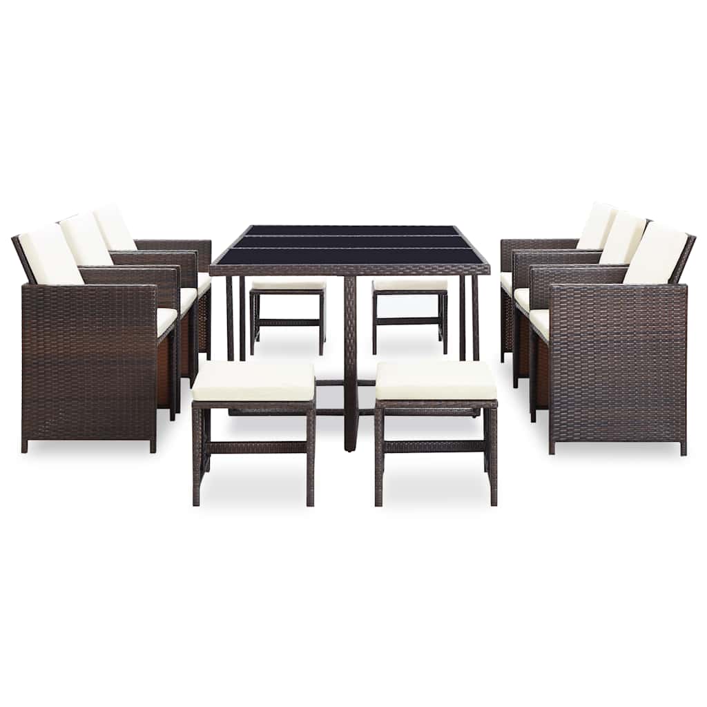 Set da Pranzo da Giardino 11 pz con Cuscini Polyrattan Marrone