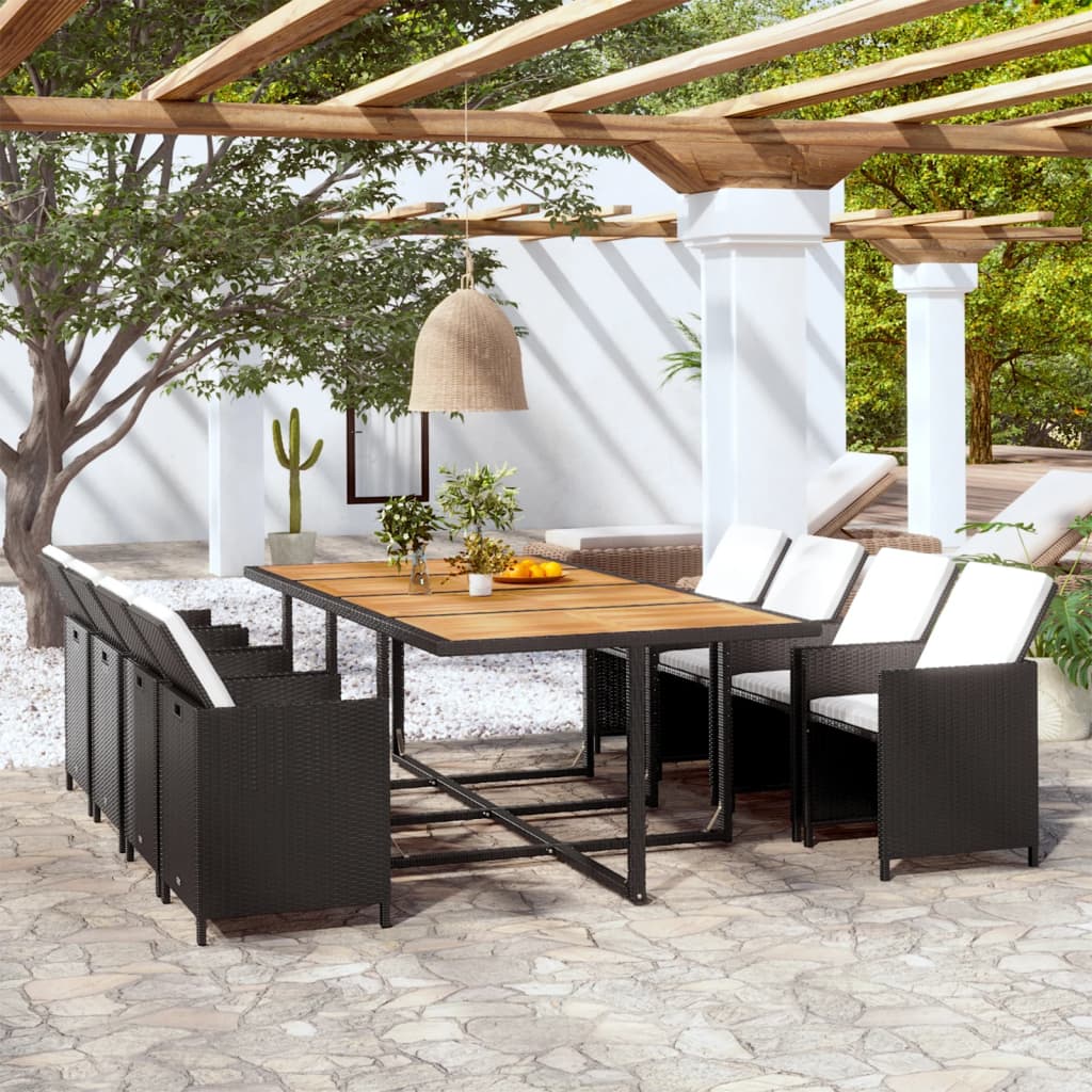 Set da Pranzo da Giardino 13 pz con Cuscini in Polyrattan Nero