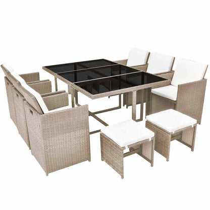 Set da Pranzo da Giardino 11 pz con Cuscini in Polyrattan Beige