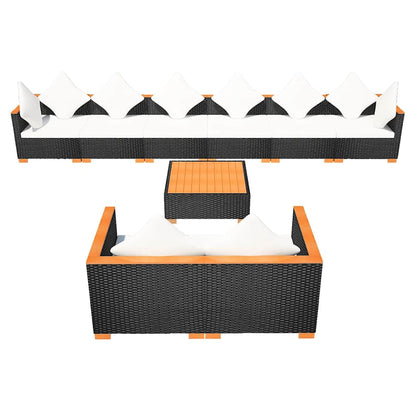 Set Divani da Giardino 9 pz con Cuscini in Polyrattan Nero