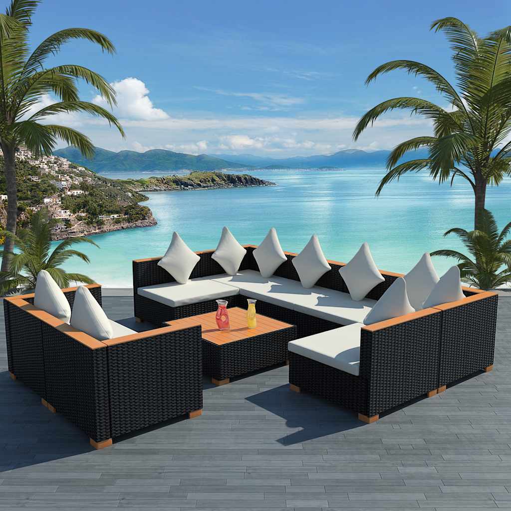 Set Divani da Giardino 9 pz con Cuscini in Polyrattan Nero
