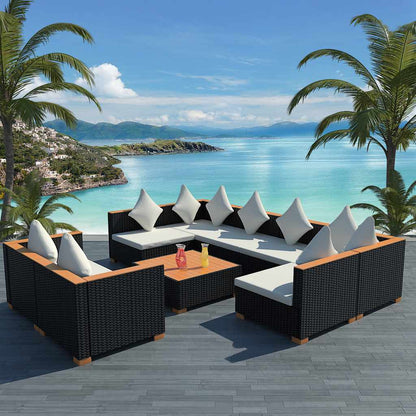 Set Divani da Giardino 9 pz con Cuscini in Polyrattan Nero