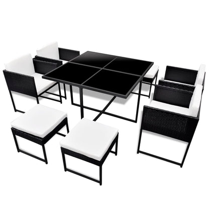 Set da Pranzo da Giardino 9 pz con Cuscini in Polyrattan Nero | homemem39