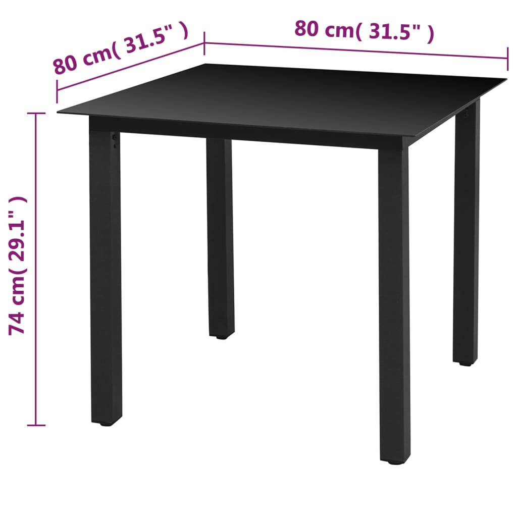 Tavolo da Giardino Nero 80x80x74 cm in Alluminio e Vetro