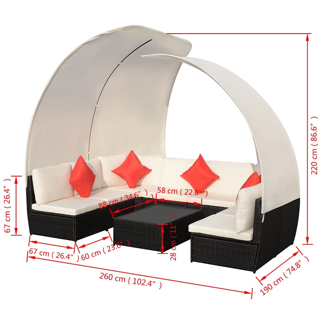 Set Divani da Giardino 9 pz con Tettuccio in Polyrattan Nero