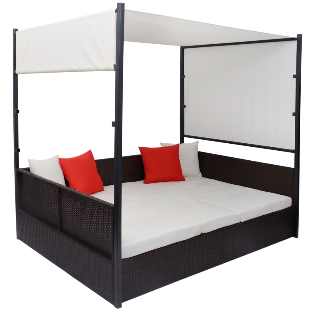 Lettino da Giardino con Tetto Marrone 190x130 cm in Polyrattan | homemem39