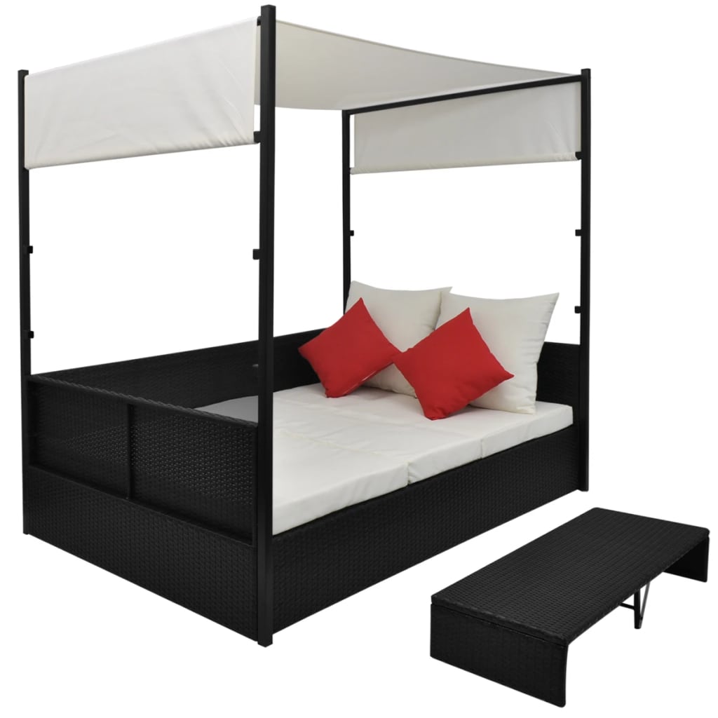 Lettino da Giardino con Tetto Nero 190x130 cm in Polyrattan | homemem39