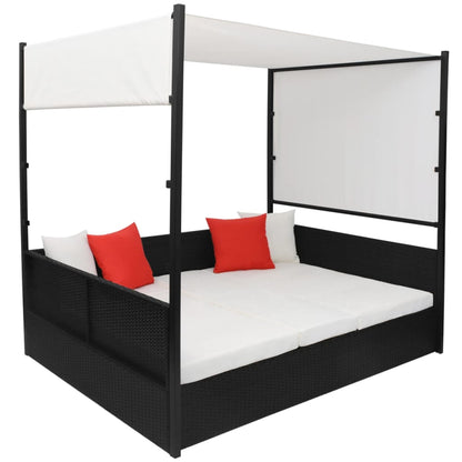 Lettino da Giardino con Tetto Nero 190x130 cm in Polyrattan | homemem39