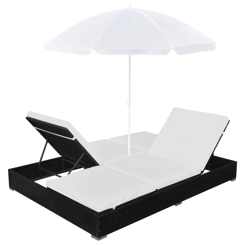 Lettino Prendisole con Ombrellone in Polyrattan Nero - homemem39
