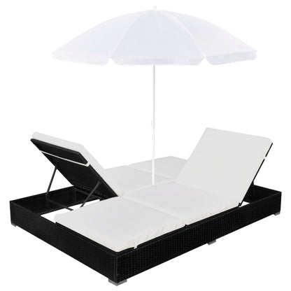 Lettino Prendisole con Ombrellone in Polyrattan Nero - homemem39