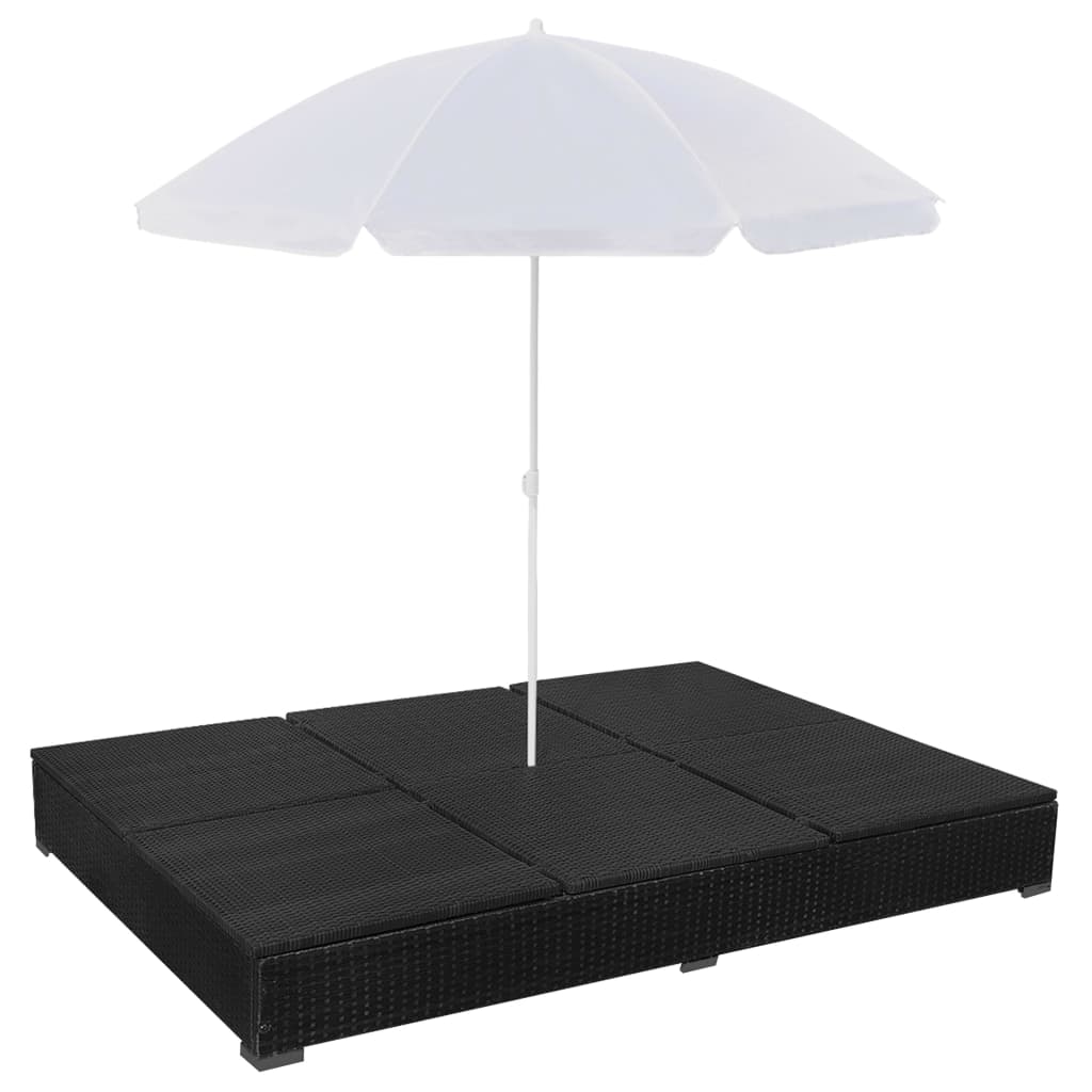 Lettino Prendisole con Ombrellone in Polyrattan Nero - homemem39