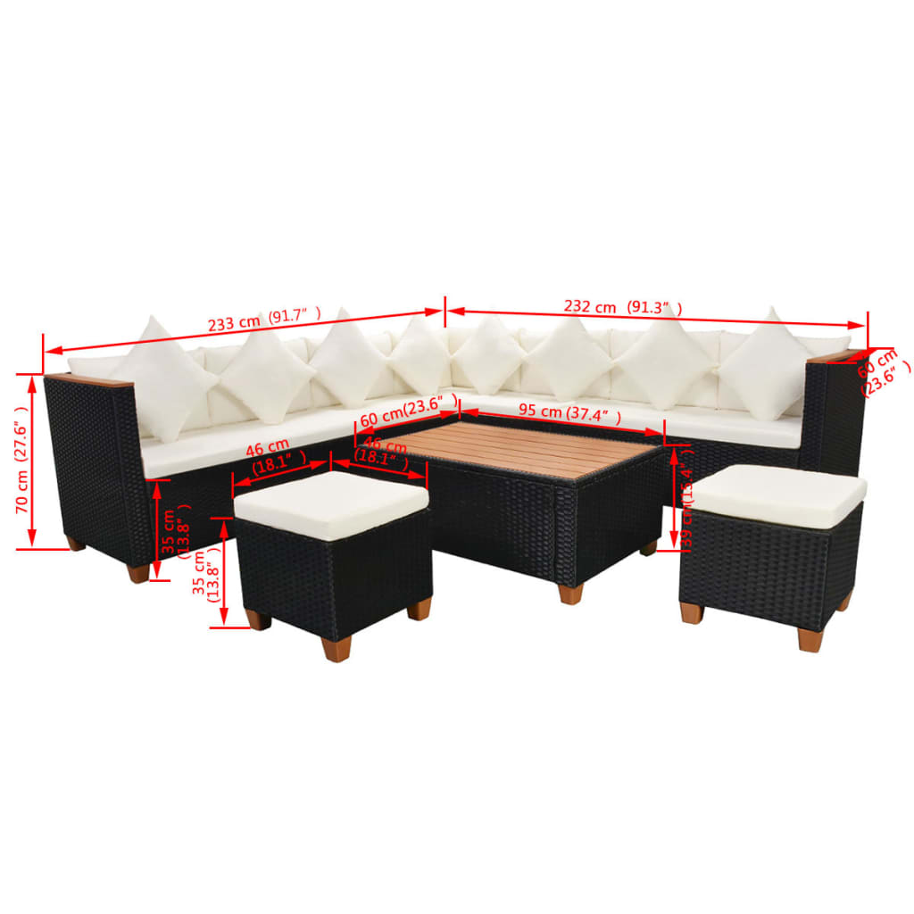 Set Divani da Giardino 7 pz con Cuscini in Polyrattan Nero | homemem39