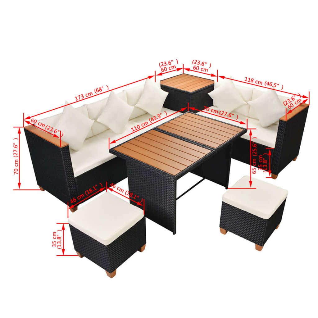 Set Divani da Giardino 7 pz con Cuscini in Polyrattan Nero | homemem39