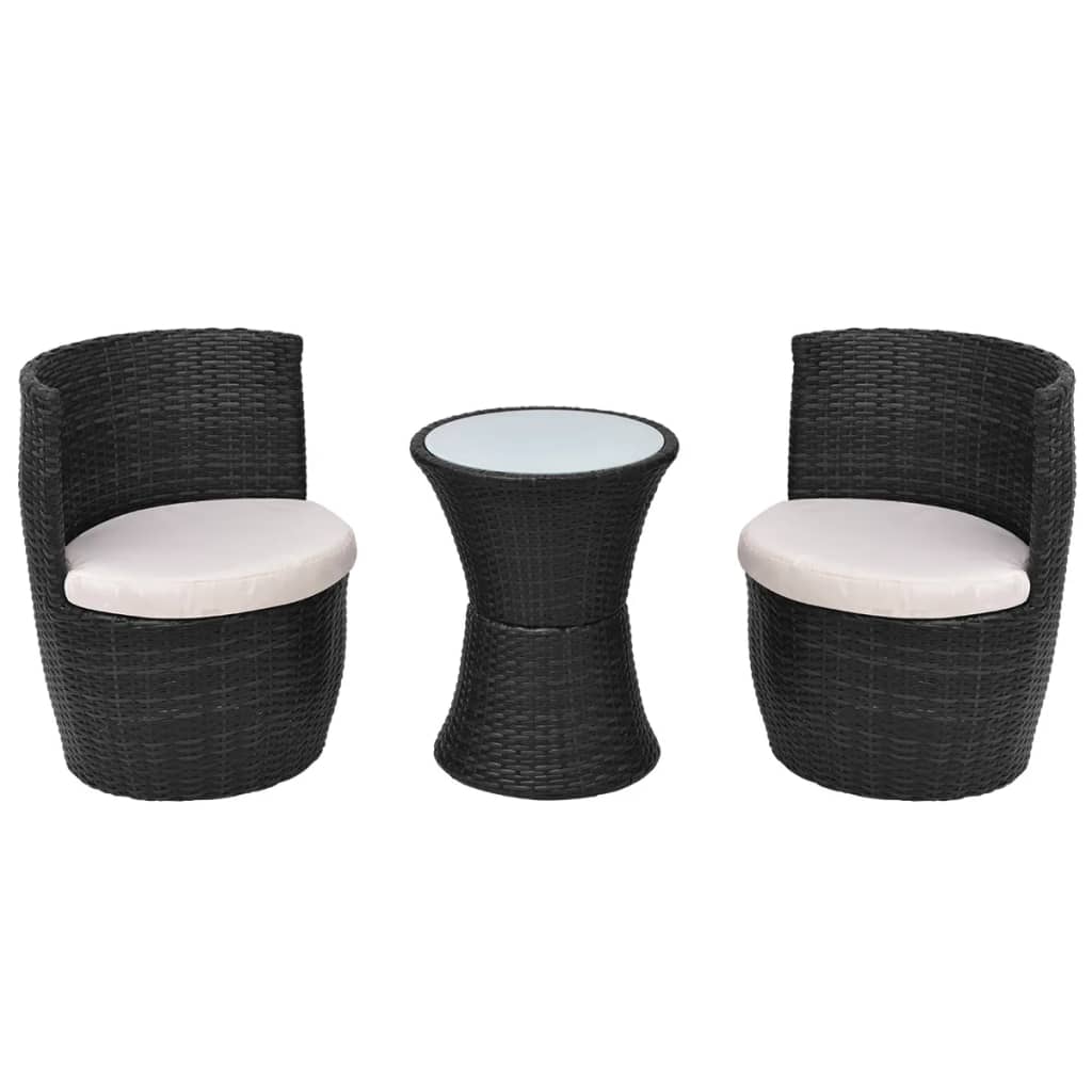 Set da Bistrot 3 pz con Cuscini in Polyrattan Nero