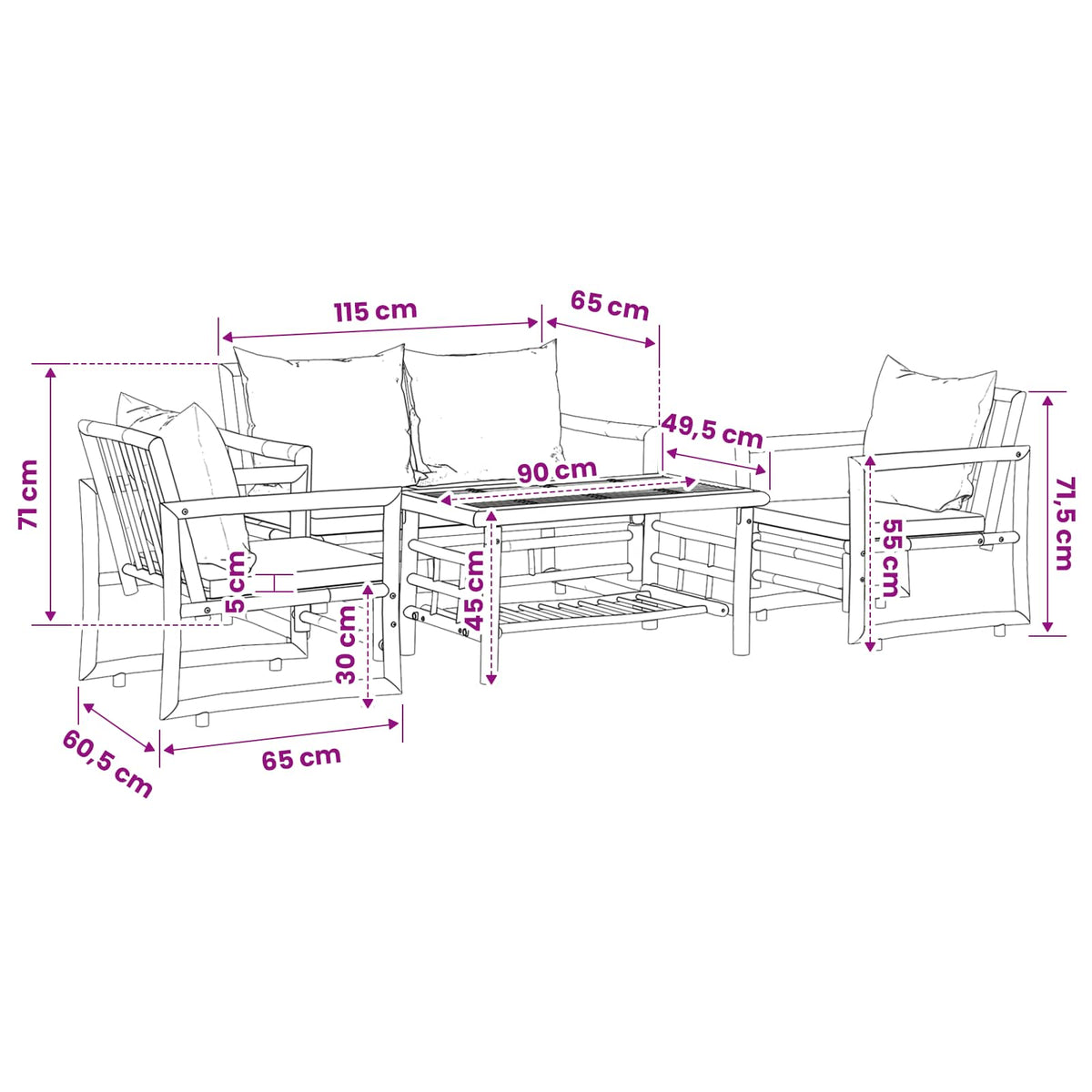 Set Divani da Giardino 4 pz con Cuscini in Bambù