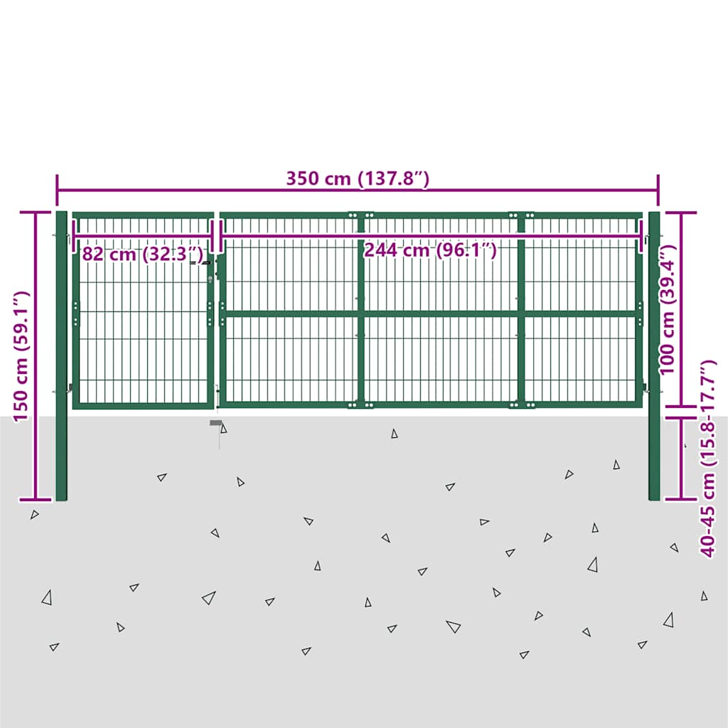 Cancello per Recinzione da Giardino con Pali 350x100 cm in Acciaio Verde | homemem39