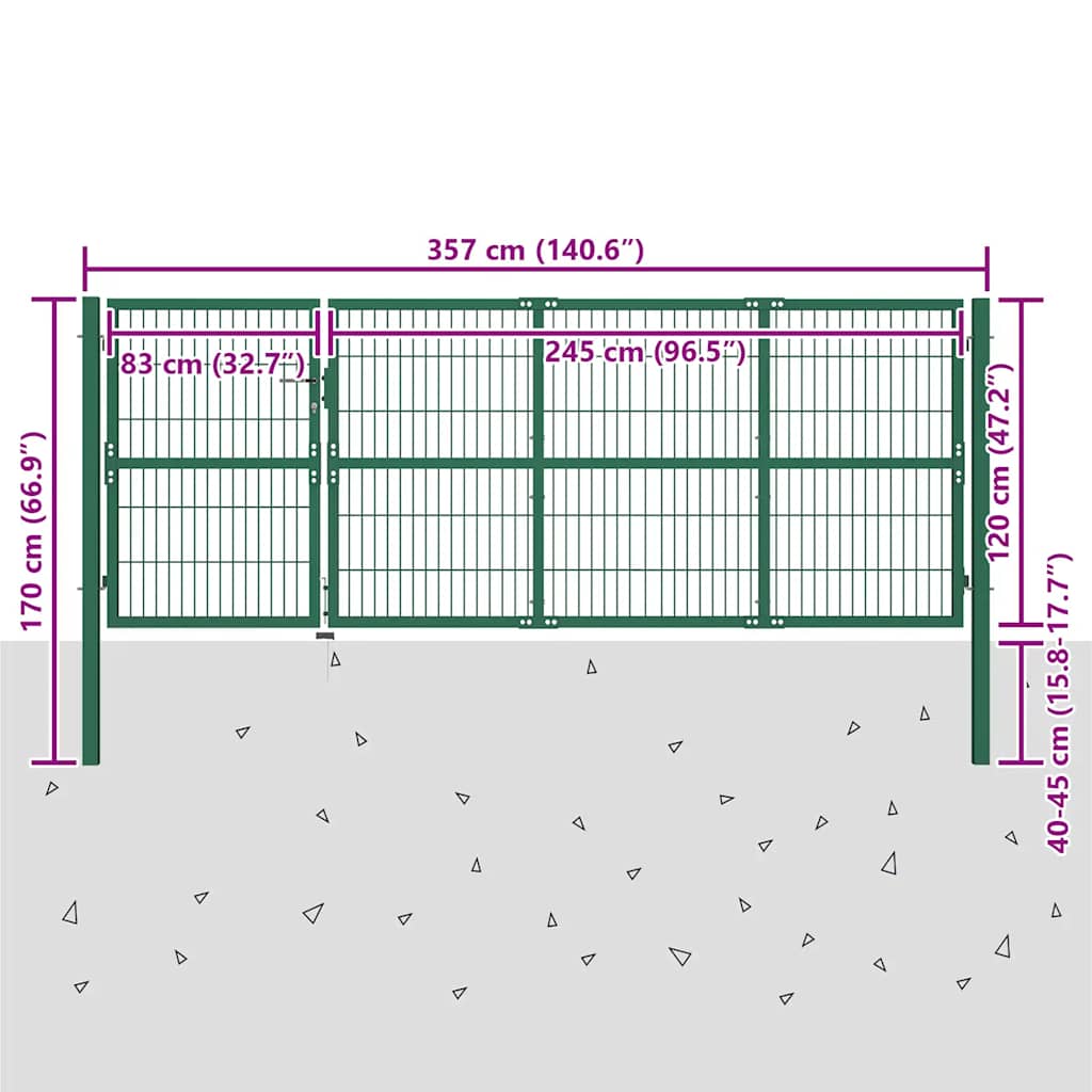 Cancello per Recinzione da Giardino con Pali 350x120 cm in Acciaio Verde | homemem39