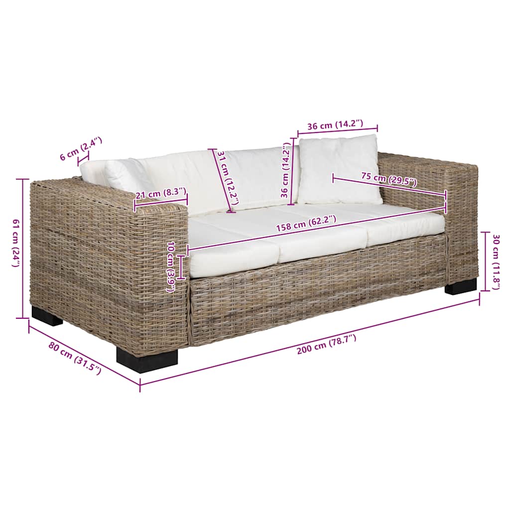 Divano a 3 Posti 8 pz in Rattan Naturale