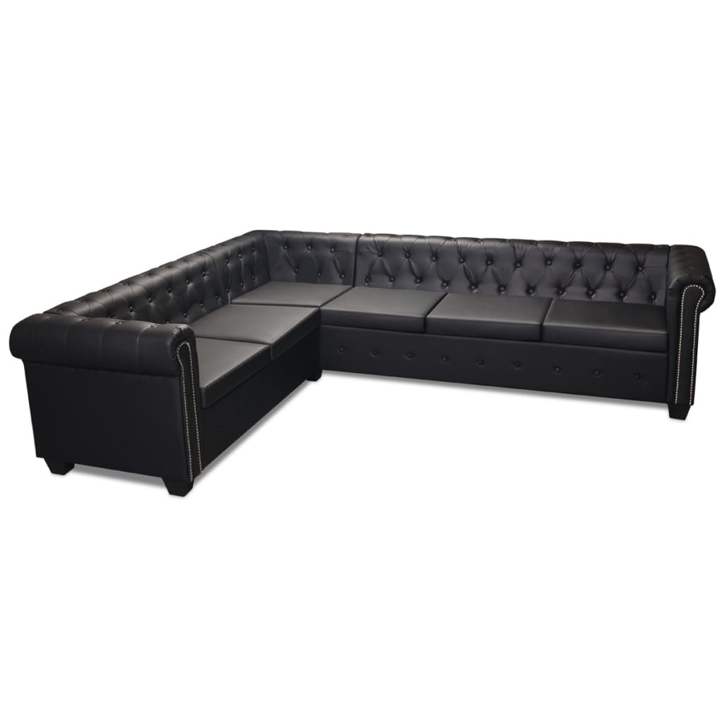 Divano Angolare Chesterfield a 6 Posti Pelle Artificiale Nera - homemem39