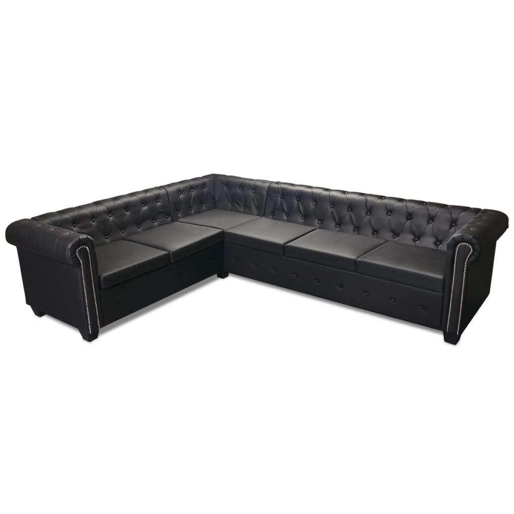 Divano Angolare Chesterfield a 6 Posti Pelle Artificiale Nera | homemem39