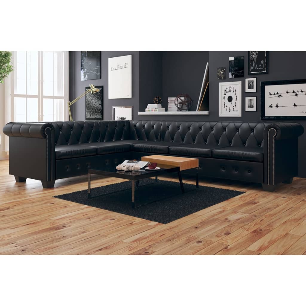 Divano Angolare Chesterfield a 6 Posti Pelle Artificiale Nera - homemem39