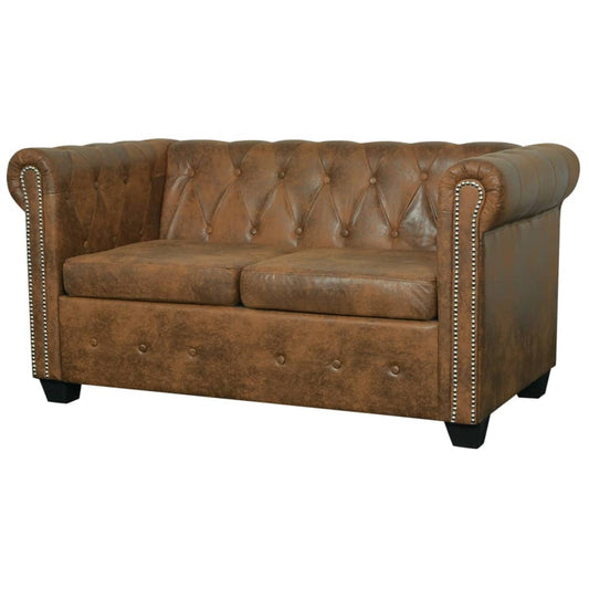 Divano Chesterfield a 2 Posti in Finta Pelle Marrone