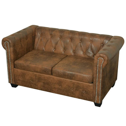 Divano Chesterfield a 2 Posti in Finta Pelle Marrone