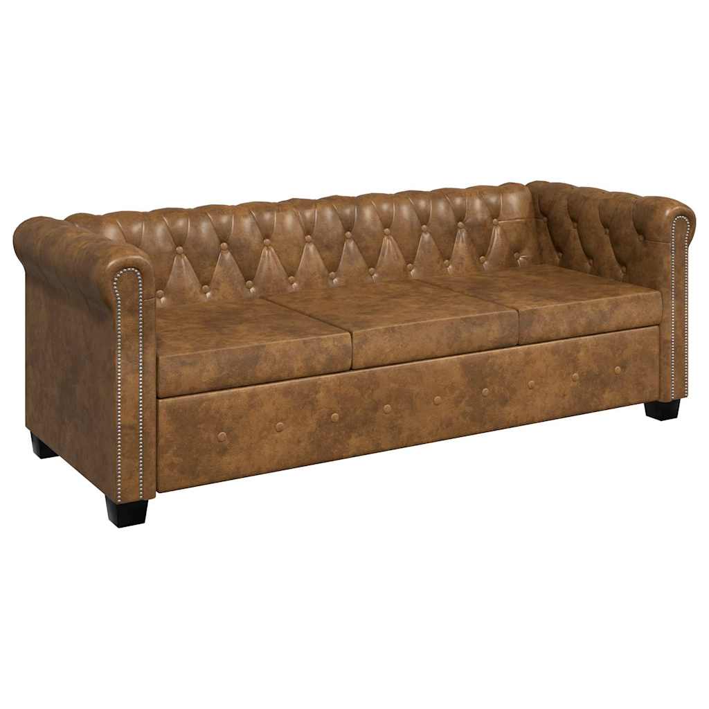 Divano Chesterfield a 3 Posti in Finta Pelle Marrone