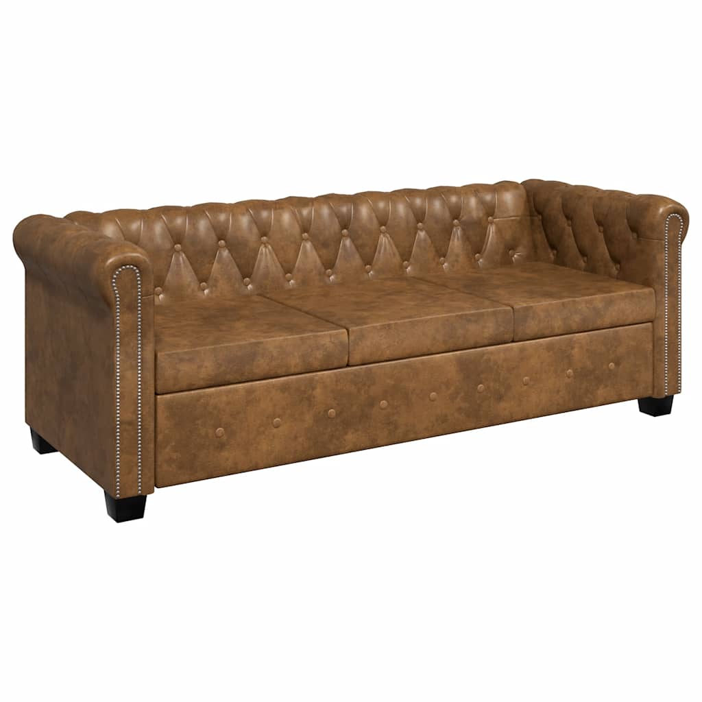 Divano Chesterfield a 3 Posti in Finta Pelle Marrone