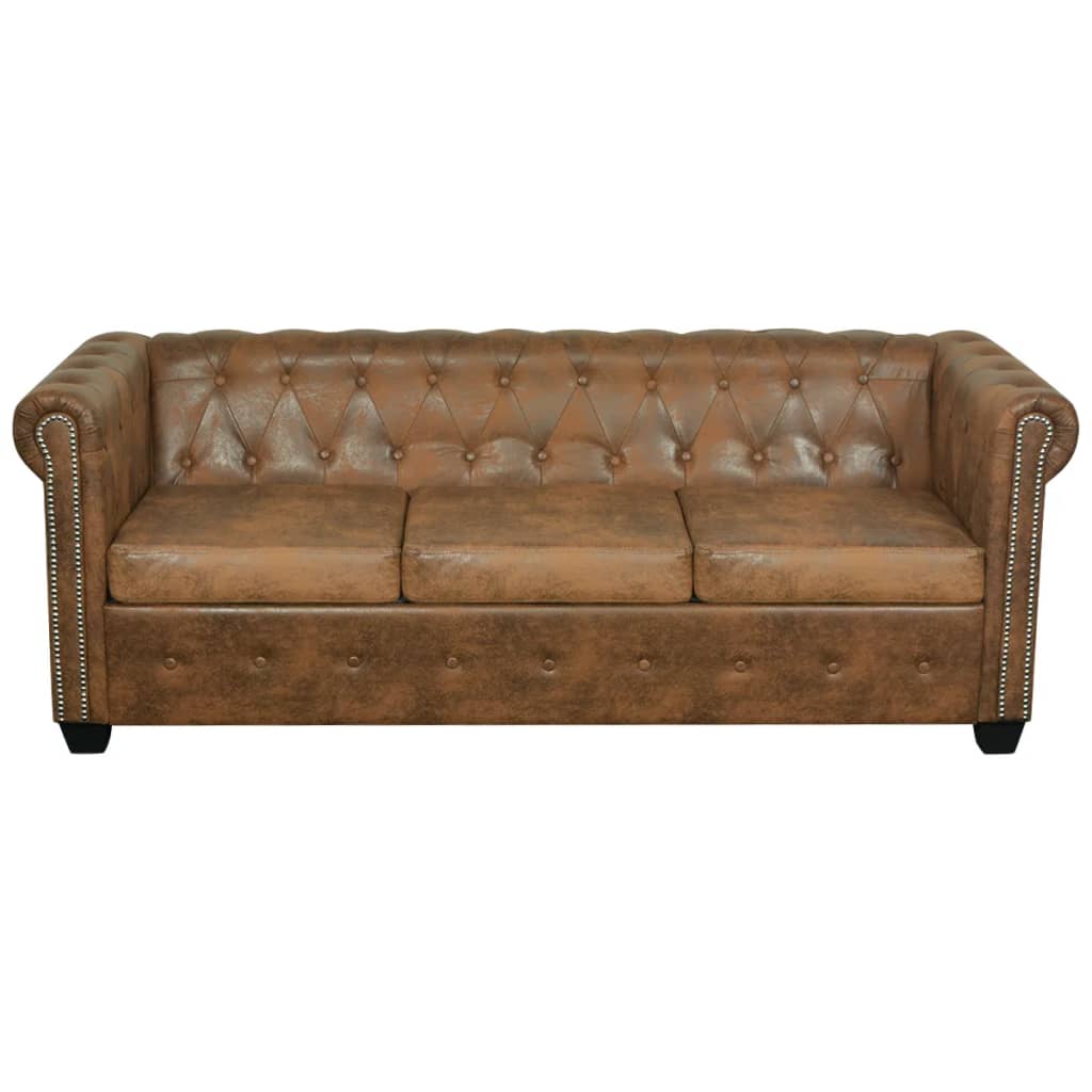 Divano Chesterfield a 3 Posti in Finta Pelle Marrone