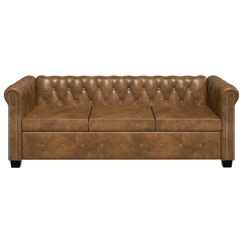 Divano Chesterfield a 3 Posti in Finta Pelle Marrone