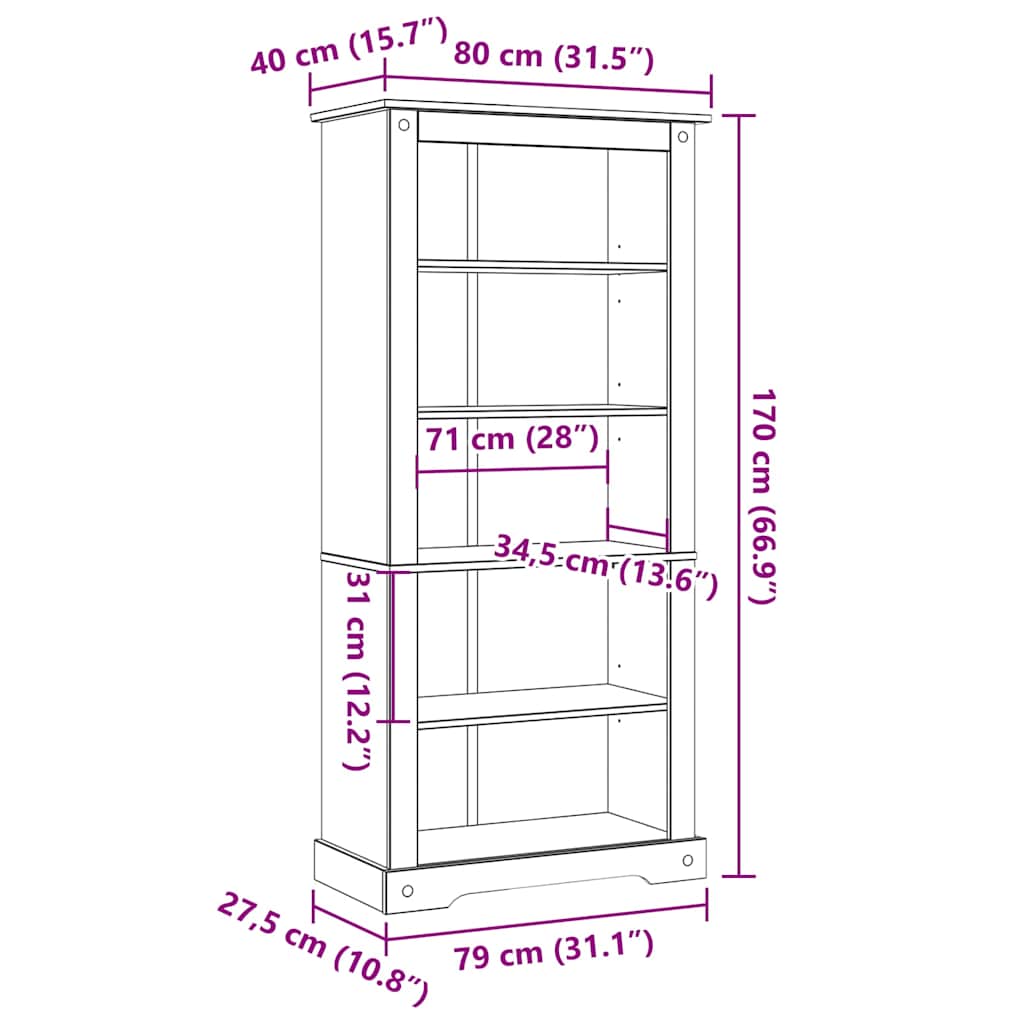 Libreria 5 Ripiani Pino Messicano Corona Range 80x40x170cm