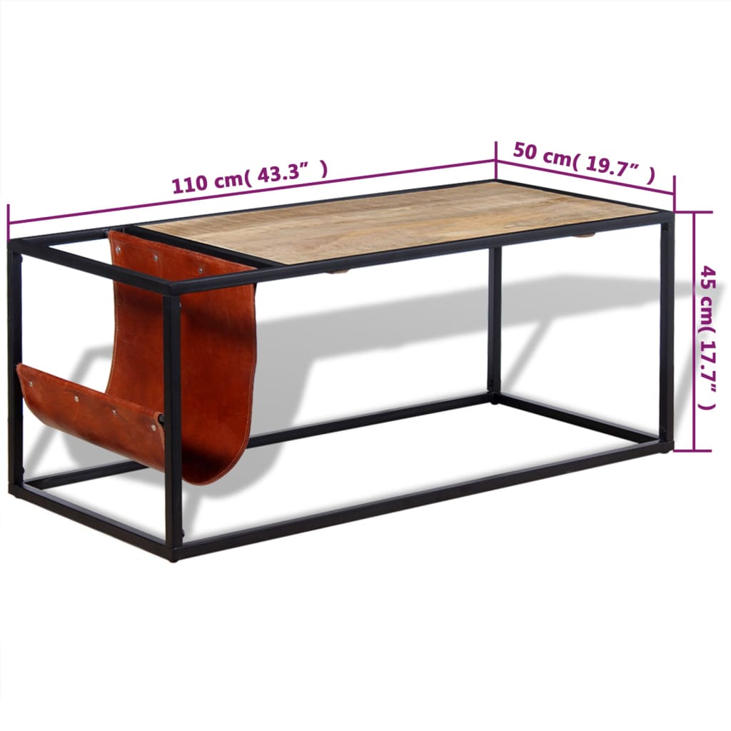 Tavolino da Salotto in Vera Pelle con Portariviste 110x50x45 cm