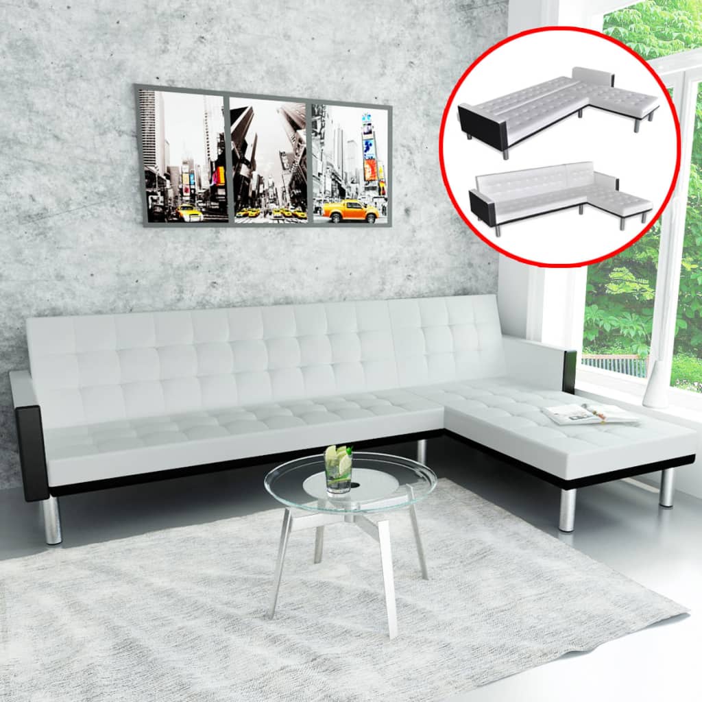Divano Letto a L in Pelle Artificiale Bianco | homemem39