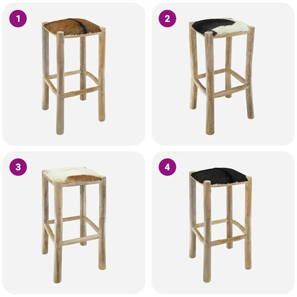 Sgabello da Bar in Pelle di Capra e Legno Massello di Teak