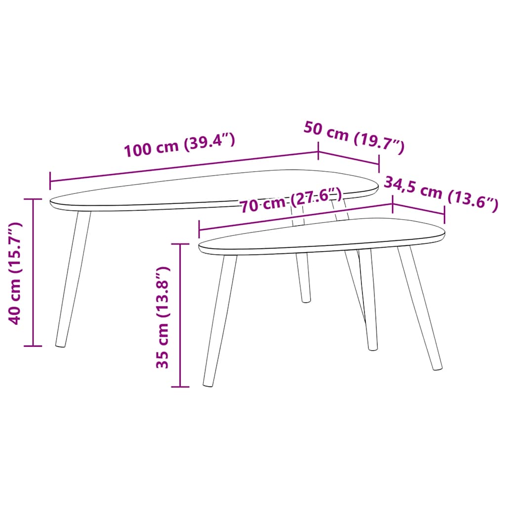 Set Tavolini Salotto 2pz Legno Massello Massello Pino Marrone | homemem39